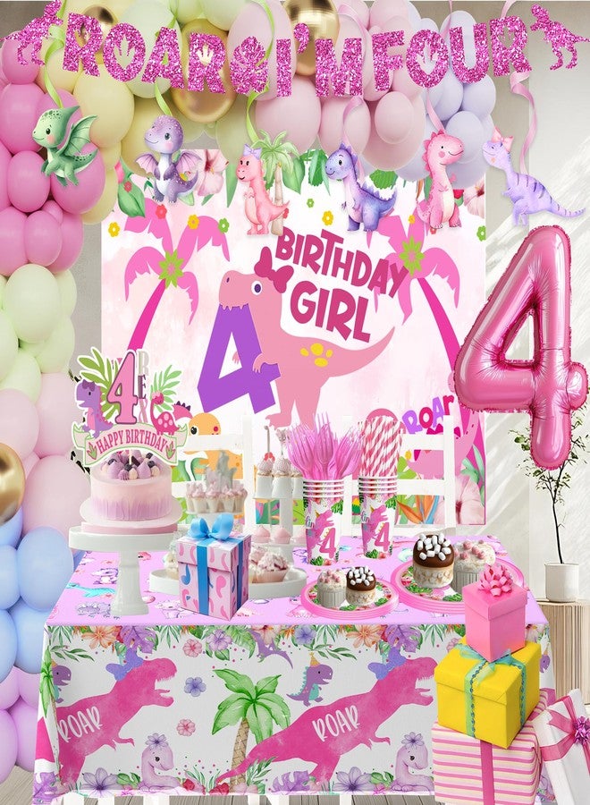 BEOXAGAR Pink Girl Dinosaur 4th Birthday Decorations for Dino-Four dinosaurs girl Birthday Party Tableware Set include Glitter Roar I'm Four Banner Plates Napkins Cups Tablecloth for 4th Girls Party Supplies - Image 5